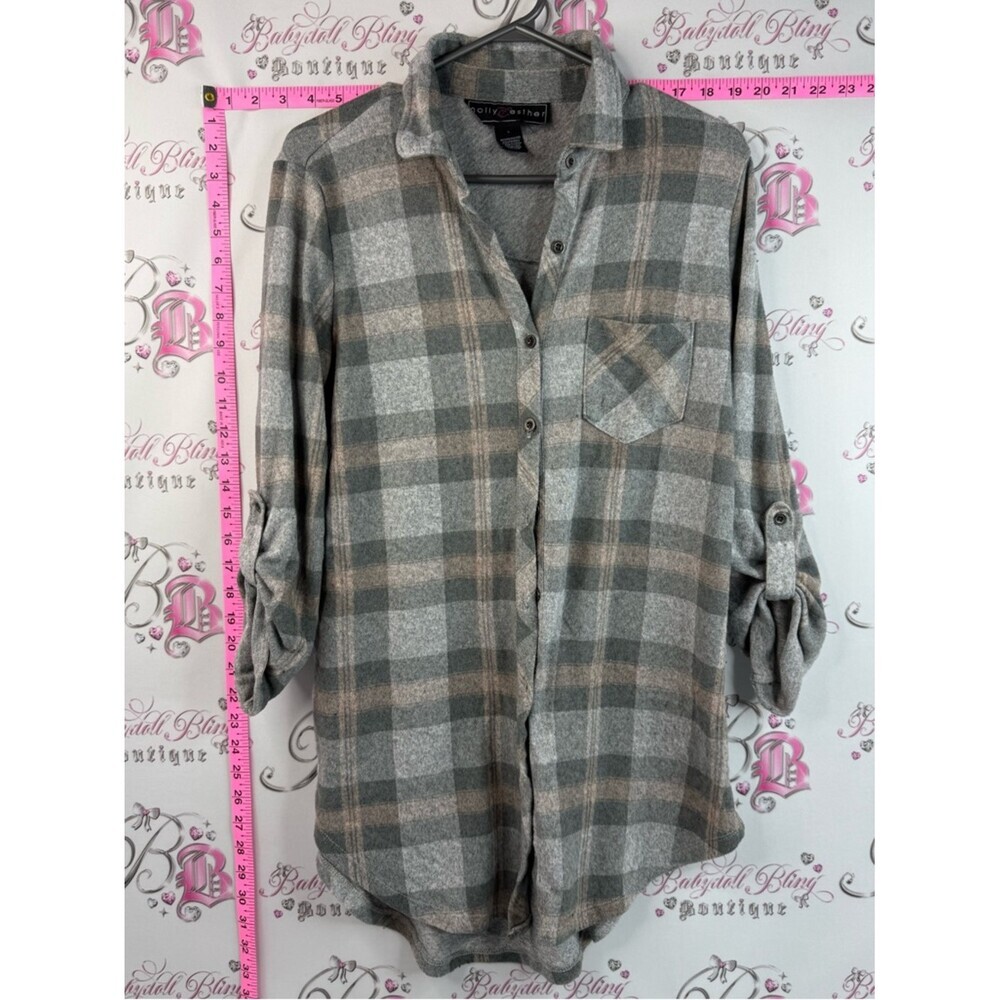 Polly & Esther button up long style shirt Gray and Taupe Plaid Button-Down Shirt